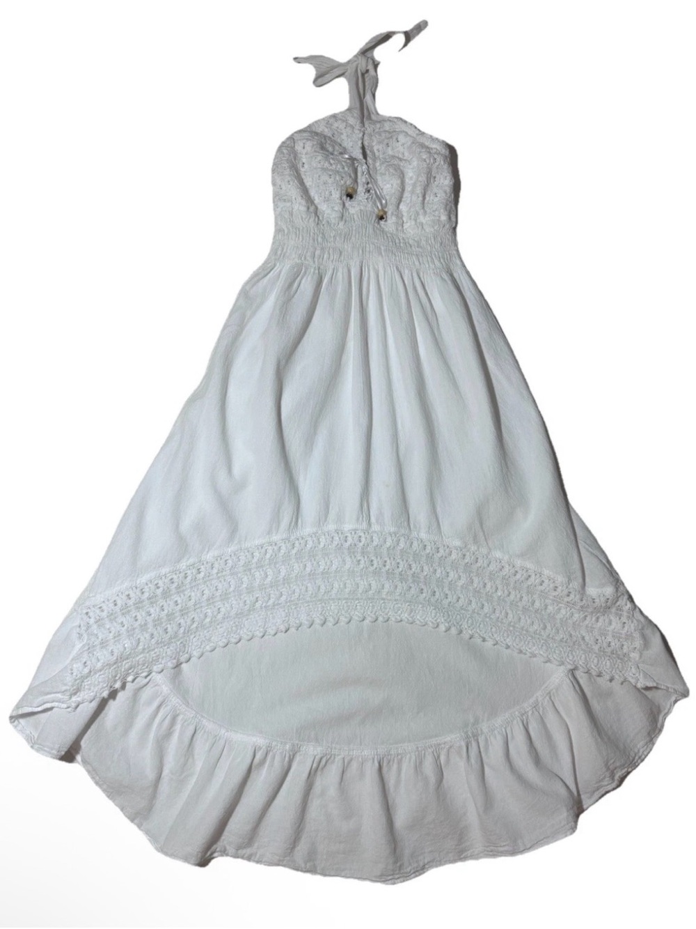 100% Peruvian Cotton White Halter Midi Dress with Fairy Hem Crochet Detail L